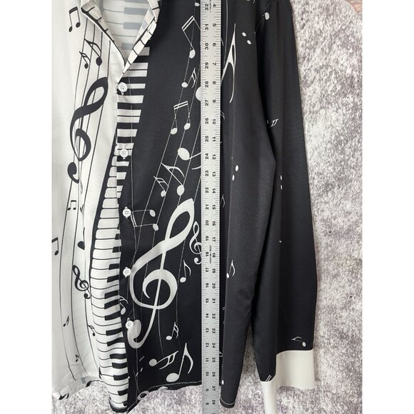 Shirt Mens Black White Musical Note Piano Print 90s Artsy Performance Jazz - Picture 8 of 14